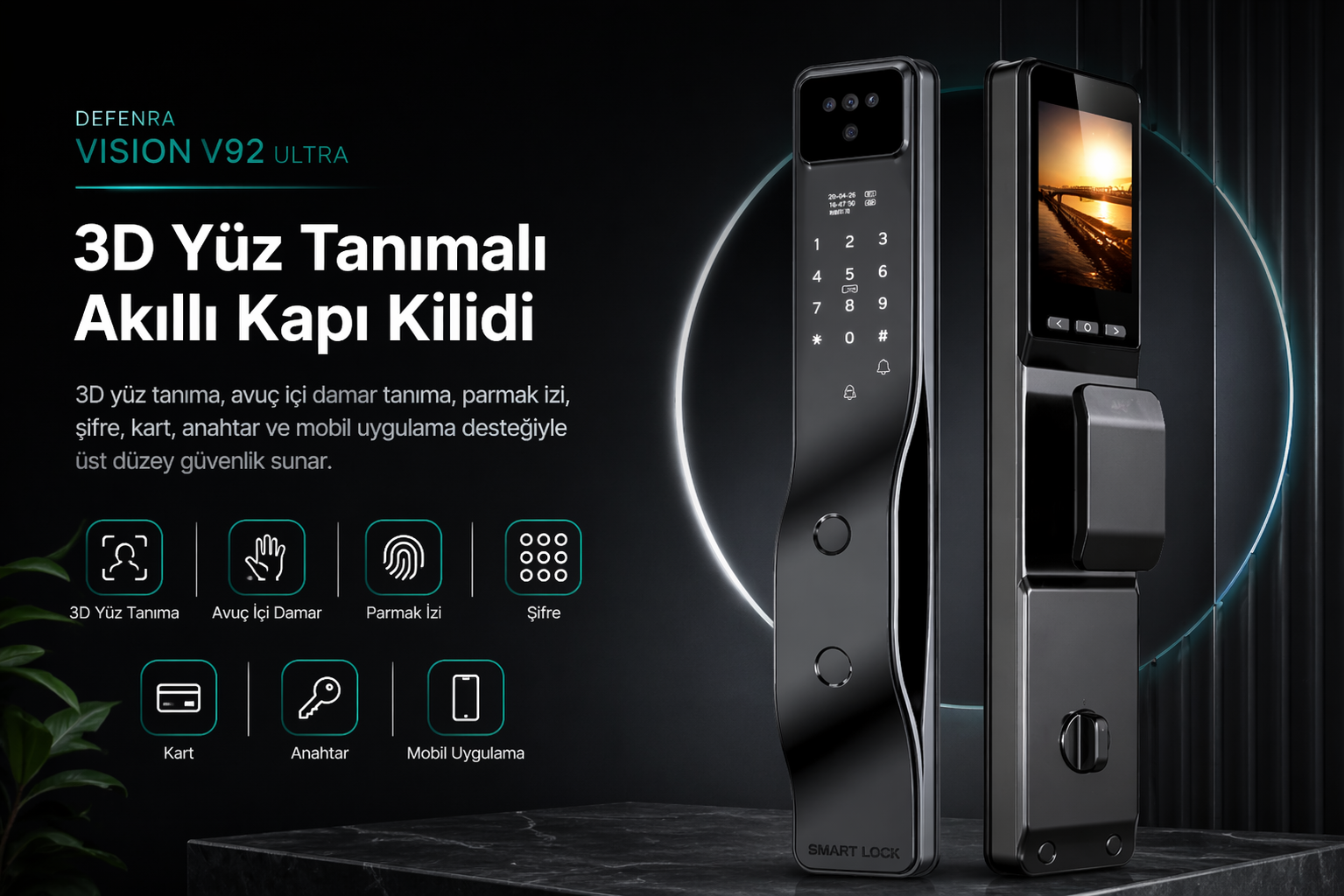 Defenra Vision V92 Ultra Y&uuml;z Tanımalı Akıllı Kapı Kilidi